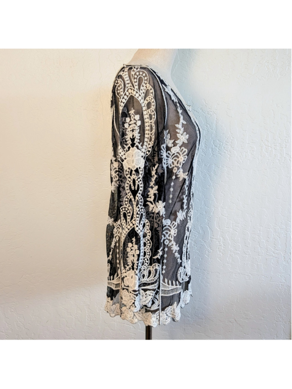 YouareNotAlone Black Mesh Embroidered Lace Boho Tunic Top Small Festival Romance - Picture 4 of 11